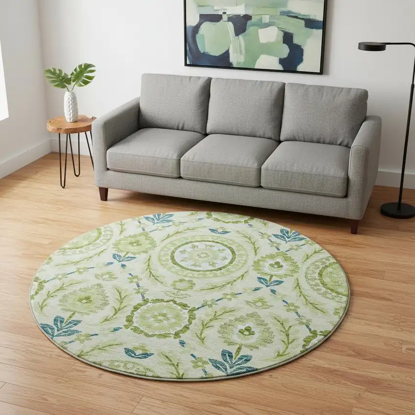 8' Artichoke Green Blue And Ivory Floral Washable Round Rug With UV Protection Photo 2