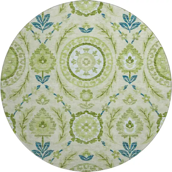 8' Artichoke Green Blue And Ivory Floral Washable Round Rug With UV Protection Photo 1