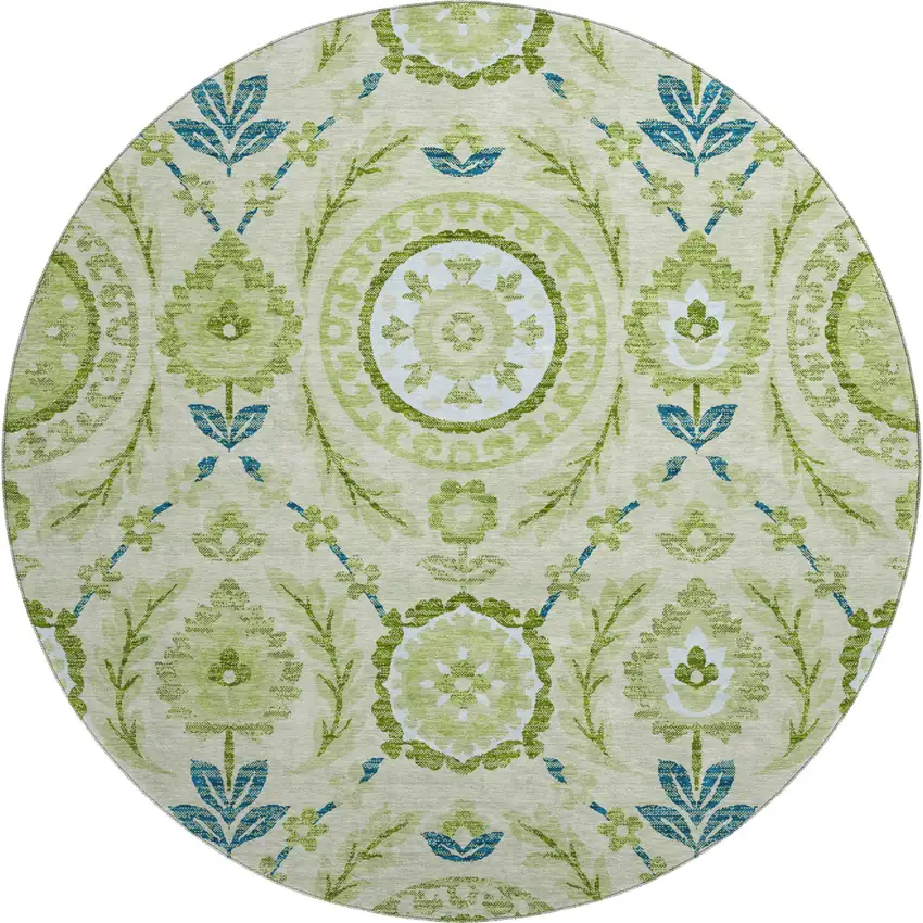 8' Artichoke Green Blue And Ivory Floral Washable Round Rug With UV Protection Photo 1
