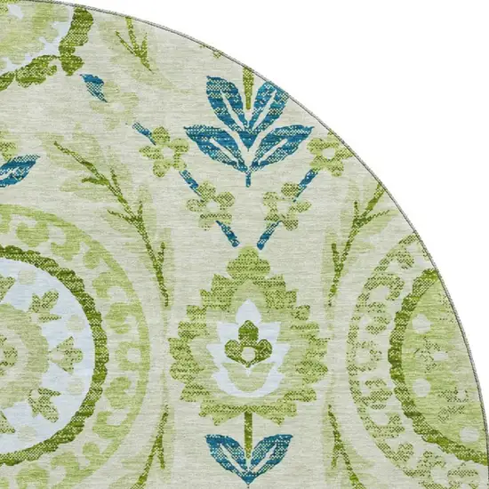 8' Artichoke Green Blue And Ivory Floral Washable Round Rug With UV Protection Photo 3