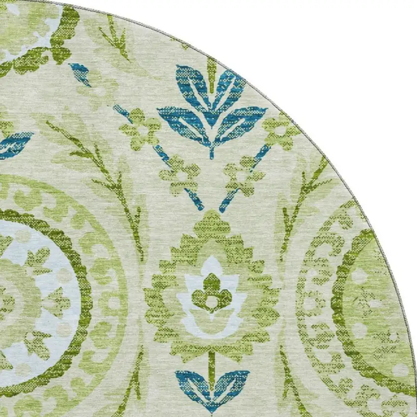 8' Artichoke Green Blue And Ivory Floral Washable Round Rug With UV Protection Photo 3