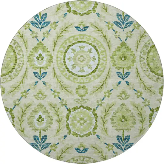 8' Artichoke Green Blue And Ivory Floral Washable Round Rug With UV Protection Photo 4