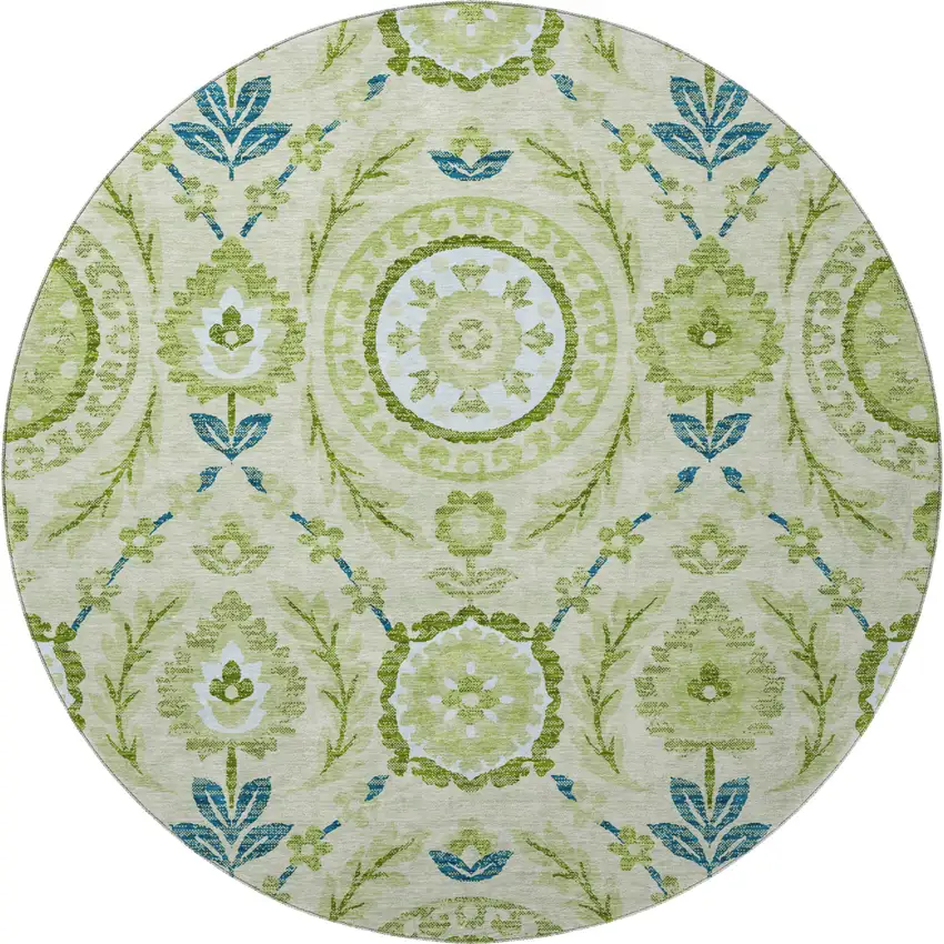 8' Artichoke Green Blue And Ivory Floral Washable Round Rug With UV Protection Photo 4