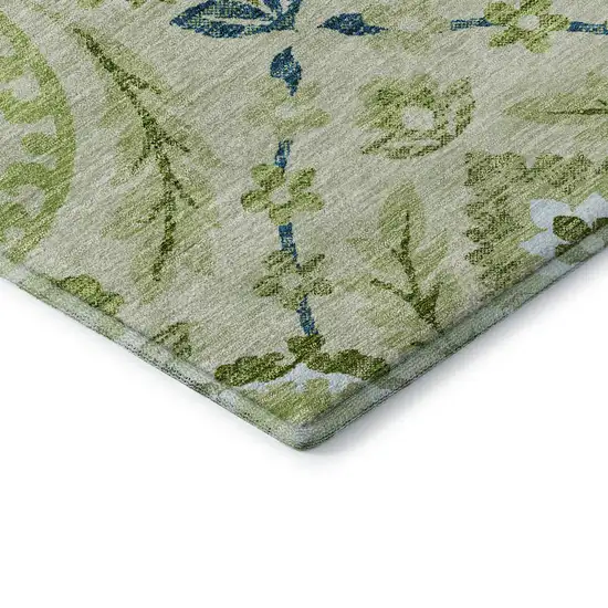 8' Artichoke Green Blue And Ivory Floral Washable Round Rug With UV Protection Photo 7