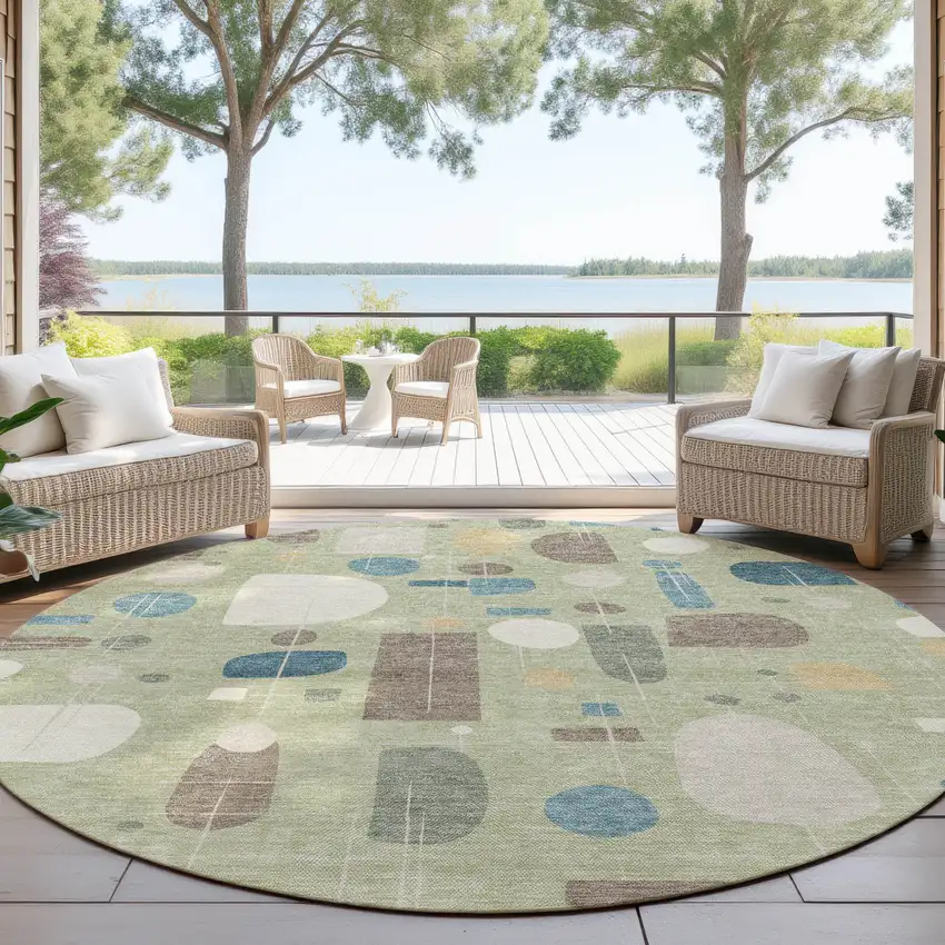 8' Artichoke Green Blue And Ivory Round Geometric Washable Indoor Outdoor Area Rug Photo 4