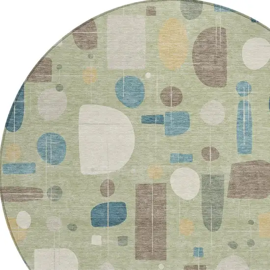8' Artichoke Green Blue And Ivory Round Geometric Washable Indoor Outdoor Area Rug Photo 2