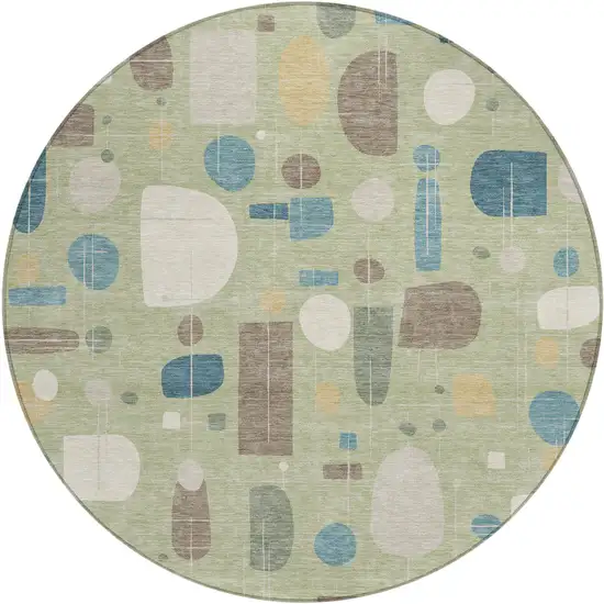 8' Artichoke Green Blue And Ivory Round Geometric Washable Indoor Outdoor Area Rug Photo 1