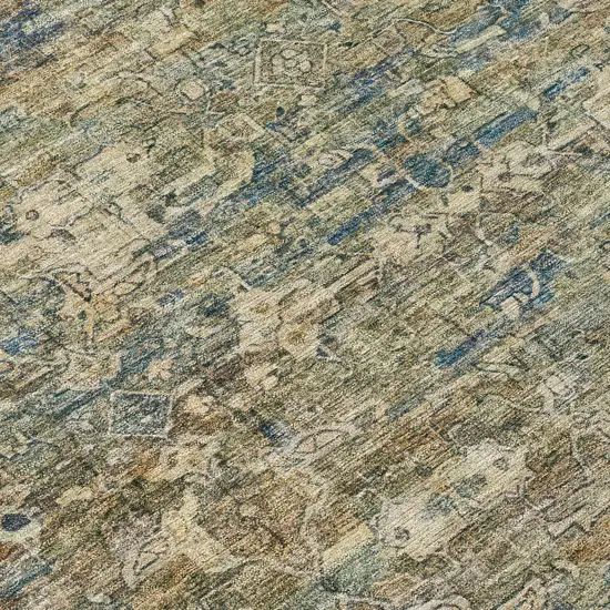 8' Artichoke Green Blue And Ivory Round Ikat Washable Indoor Outdoor Area Rug Photo 9