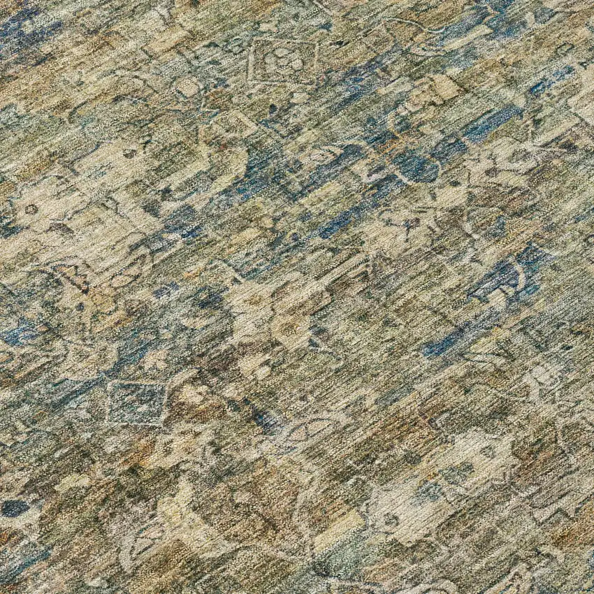 8' Artichoke Green Blue And Ivory Round Ikat Washable Indoor Outdoor Area Rug Photo 9