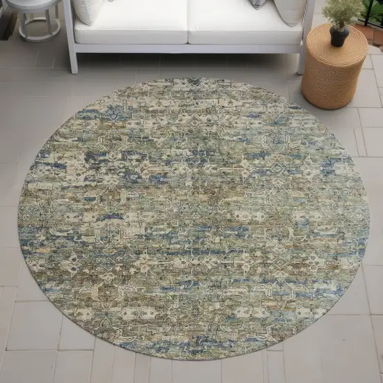 8' Artichoke Green Blue And Ivory Round Ikat Washable Indoor Outdoor Area Rug Photo 7