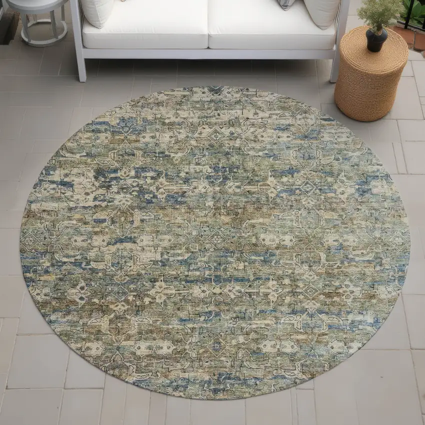 8' Artichoke Green Blue And Ivory Round Ikat Washable Indoor Outdoor Area Rug Photo 7