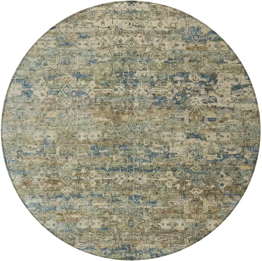8' Artichoke Green Blue And Ivory Round Ikat Washable Indoor Outdoor Area Rug Photo 4