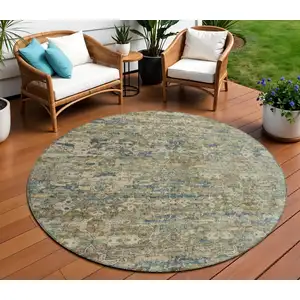 Photo of 8' Artichoke Green Blue And Ivory Round Ikat Washable Indoor Outdoor Area Rug