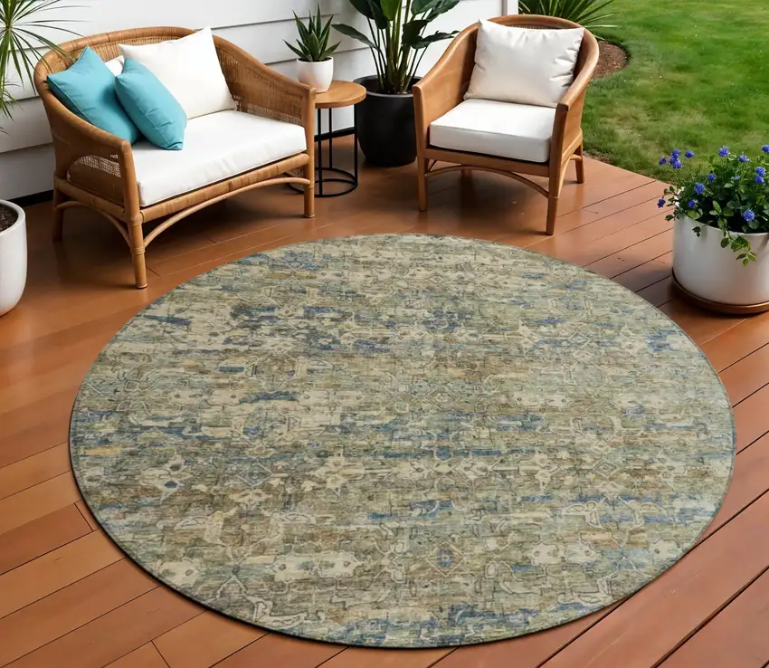 8' Artichoke Green Blue And Ivory Round Ikat Washable Indoor Outdoor Area Rug Photo 1