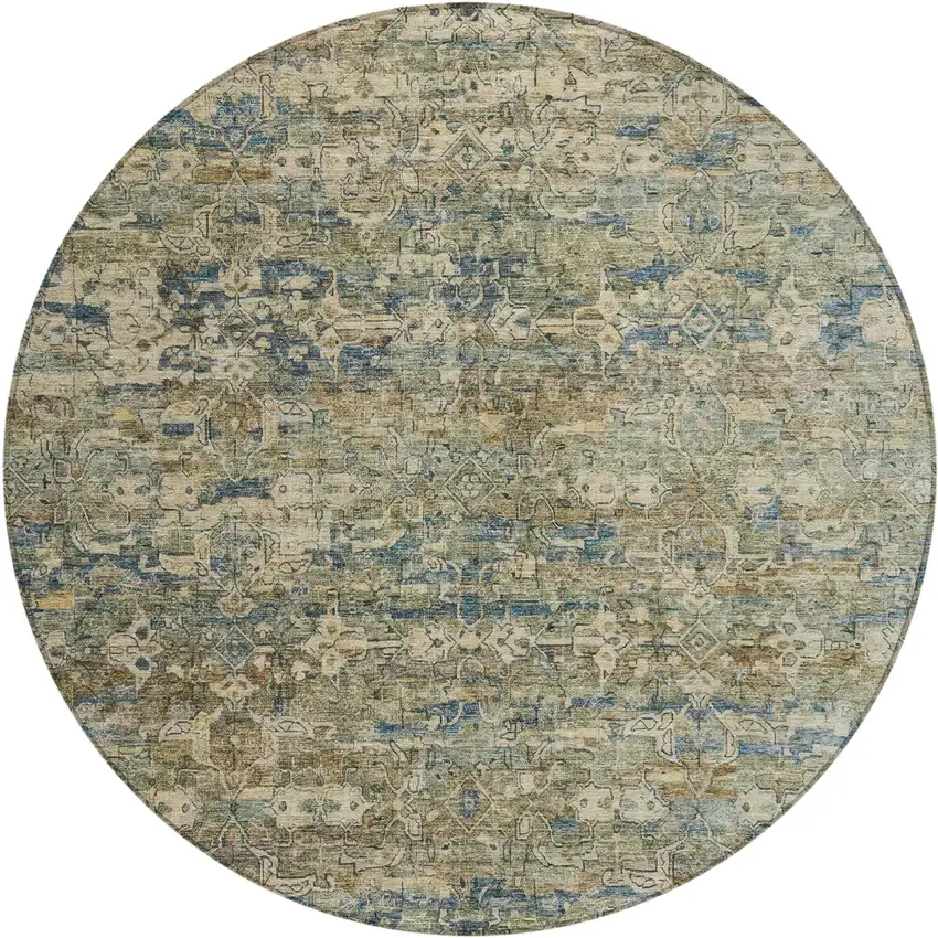 8' Artichoke Green Blue And Ivory Round Ikat Washable Indoor Outdoor Area Rug Photo 2