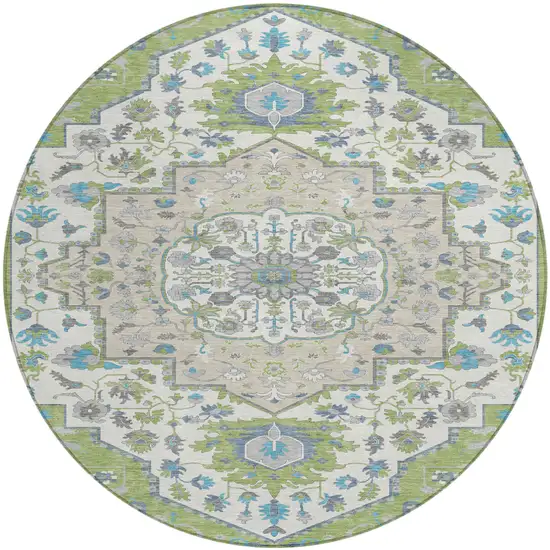8' Artichoke Green Blue And Ivory Round Oriental Washable Indoor Outdoor Area Rug Photo 2