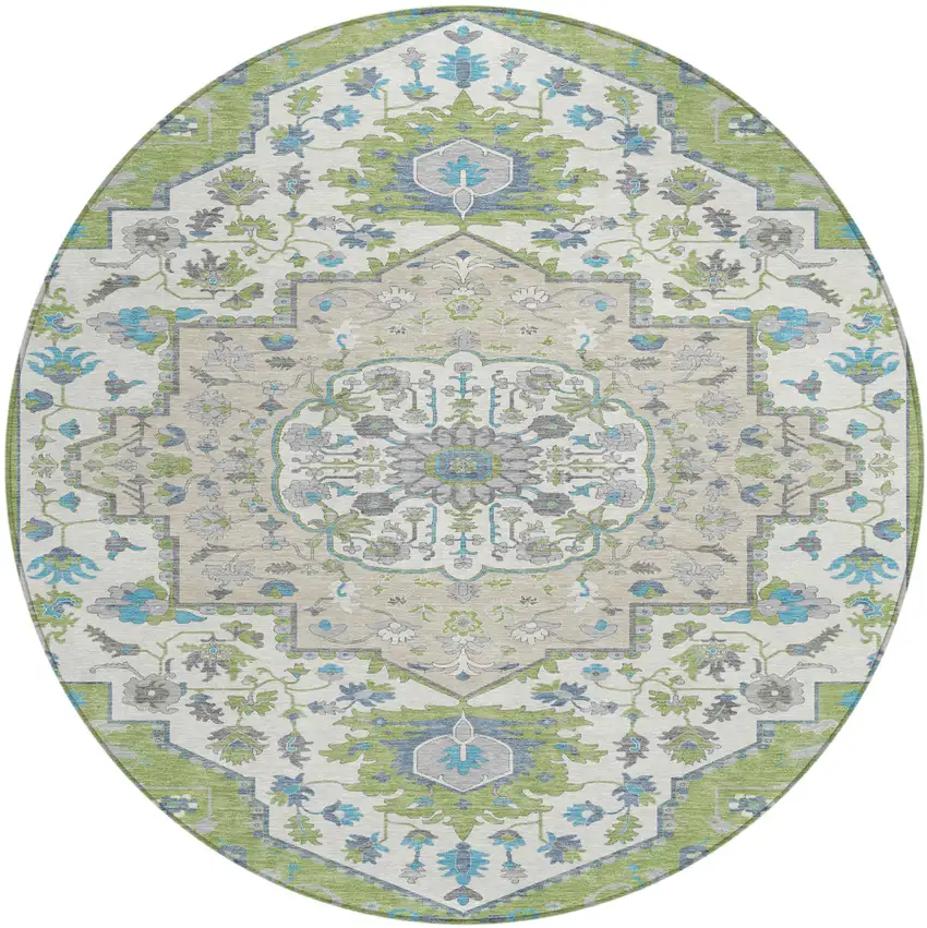 8' Artichoke Green Blue And Ivory Round Oriental Washable Indoor Outdoor Area Rug Photo 2