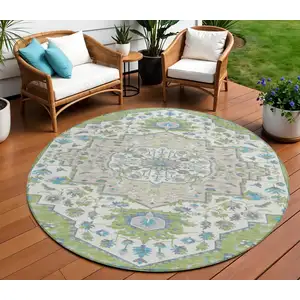 Photo of 8' Artichoke Green Blue And Ivory Round Oriental Washable Indoor Outdoor Area Rug