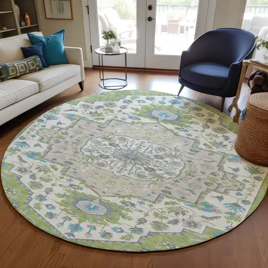 8' Artichoke Green Blue And Ivory Round Oriental Washable Indoor Outdoor Area Rug Photo 8