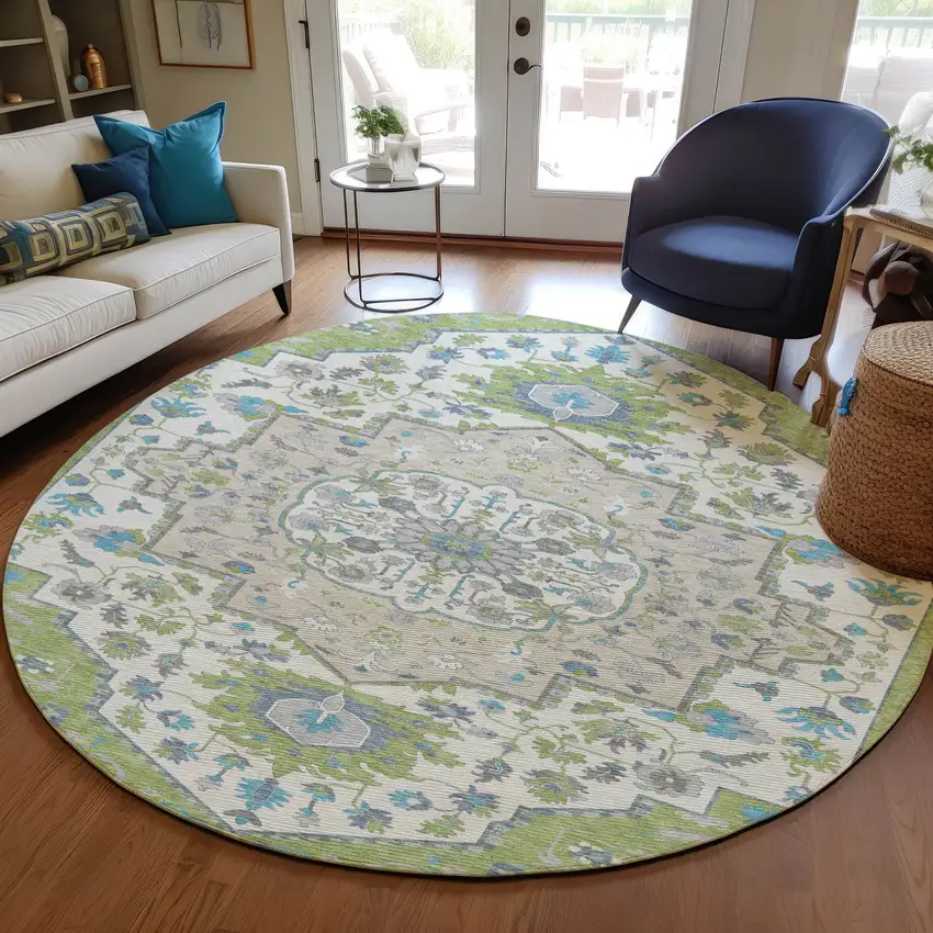 8' Artichoke Green Blue And Ivory Round Oriental Washable Indoor Outdoor Area Rug Photo 8
