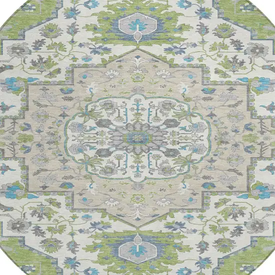 8' Artichoke Green Blue And Ivory Round Oriental Washable Indoor Outdoor Area Rug Photo 5