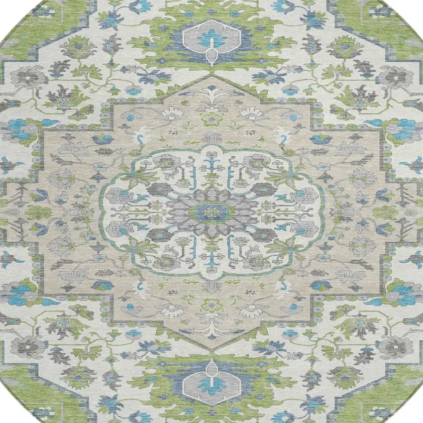 8' Artichoke Green Blue And Ivory Round Oriental Washable Indoor Outdoor Area Rug Photo 5