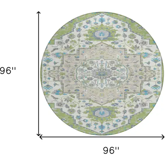 8' Artichoke Green Blue And Ivory Round Oriental Washable Indoor Outdoor Area Rug Photo 3