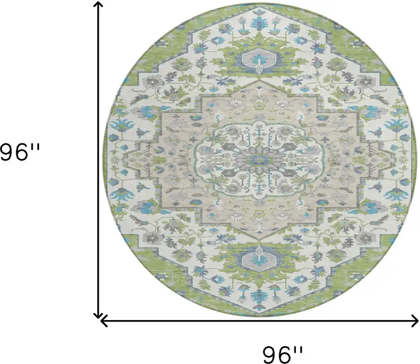 8' Artichoke Green Blue And Ivory Round Oriental Washable Indoor Outdoor Area Rug Photo 3