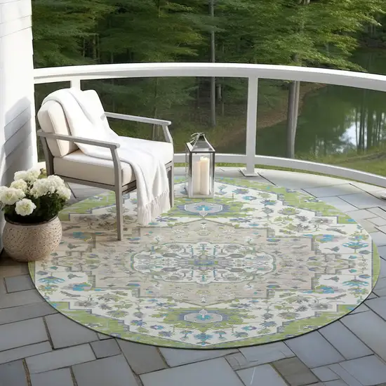 8' Artichoke Green Blue And Ivory Round Oriental Washable Indoor Outdoor Area Rug Photo 7