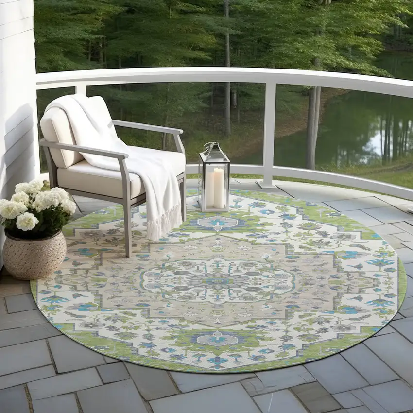 8' Artichoke Green Blue And Ivory Round Oriental Washable Indoor Outdoor Area Rug Photo 7