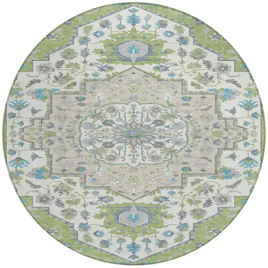 8' Artichoke Green Blue And Ivory Round Oriental Washable Indoor Outdoor Area Rug Photo 6