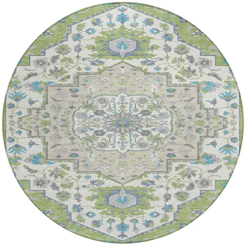 8' Artichoke Green Blue And Ivory Round Oriental Washable Indoor Outdoor Area Rug Photo 6