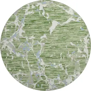 Photo of 8' Artichoke Green Blue And Ivory Striped Washable Round Rug With UV Protection