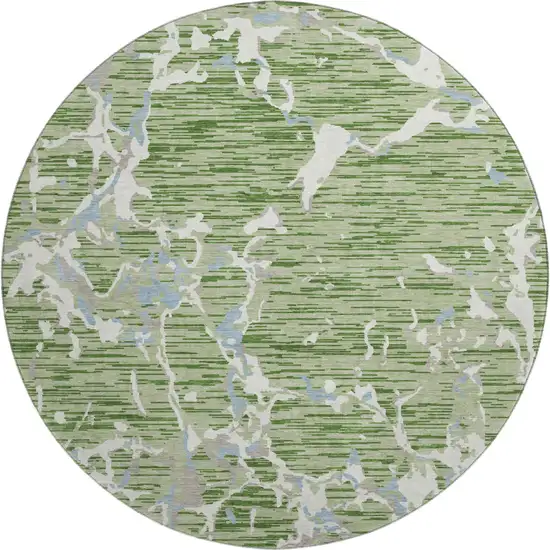 8' Artichoke Green Blue And Ivory Striped Washable Round Rug With UV Protection Photo 1