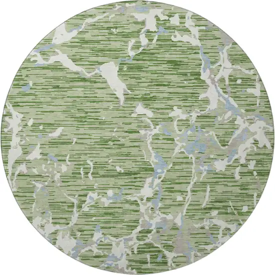 8' Artichoke Green Blue And Ivory Striped Washable Round Rug With UV Protection Photo 3