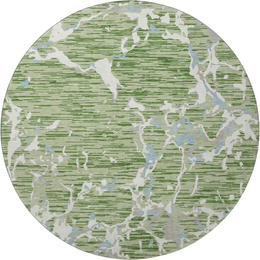 8' Artichoke Green Blue And Ivory Striped Washable Round Rug With UV Protection Photo 3