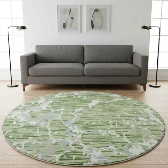 8' Artichoke Green Blue And Ivory Striped Washable Round Rug With UV Protection Photo 2