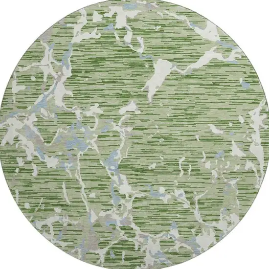 8' Artichoke Green Blue And Ivory Striped Washable Round Rug With UV Protection Photo 2