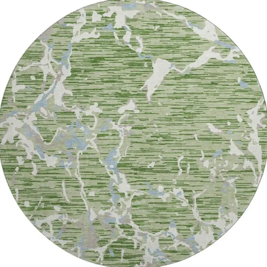 8' Artichoke Green Blue And Ivory Striped Washable Round Rug With UV Protection Photo 2