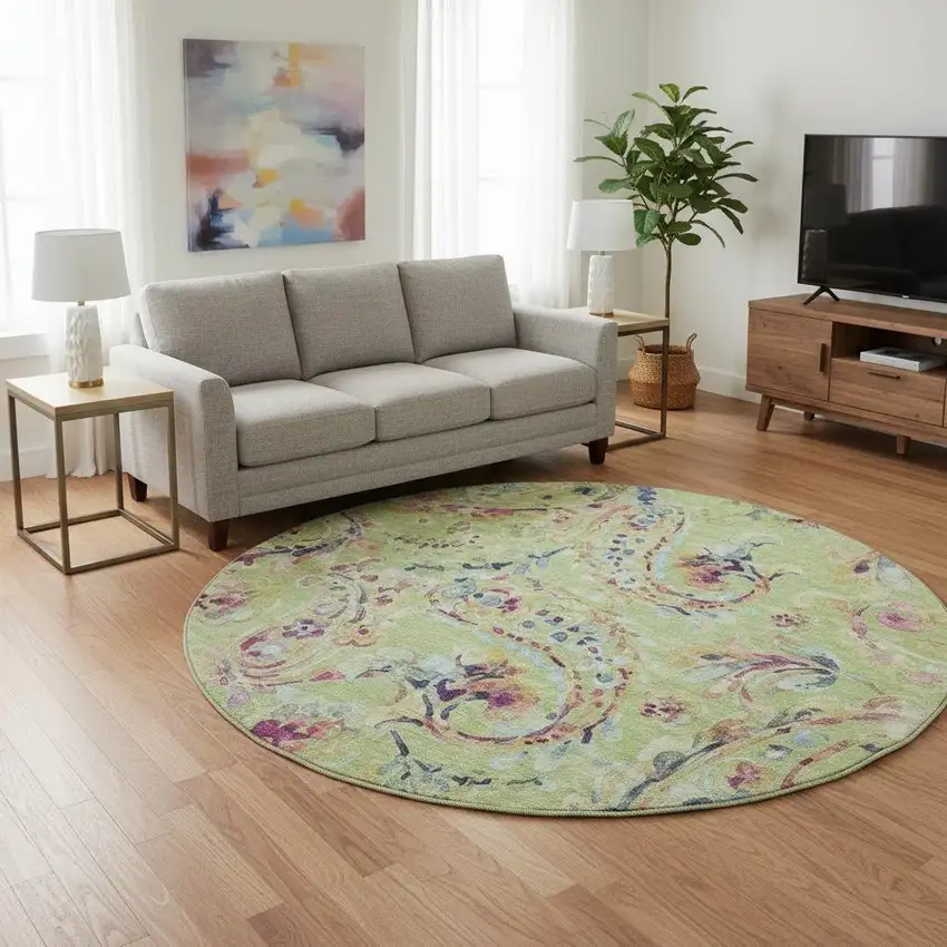 8' Artichoke Green Blue And Pink Paisley Washable Round Rug With UV Protection Photo 2