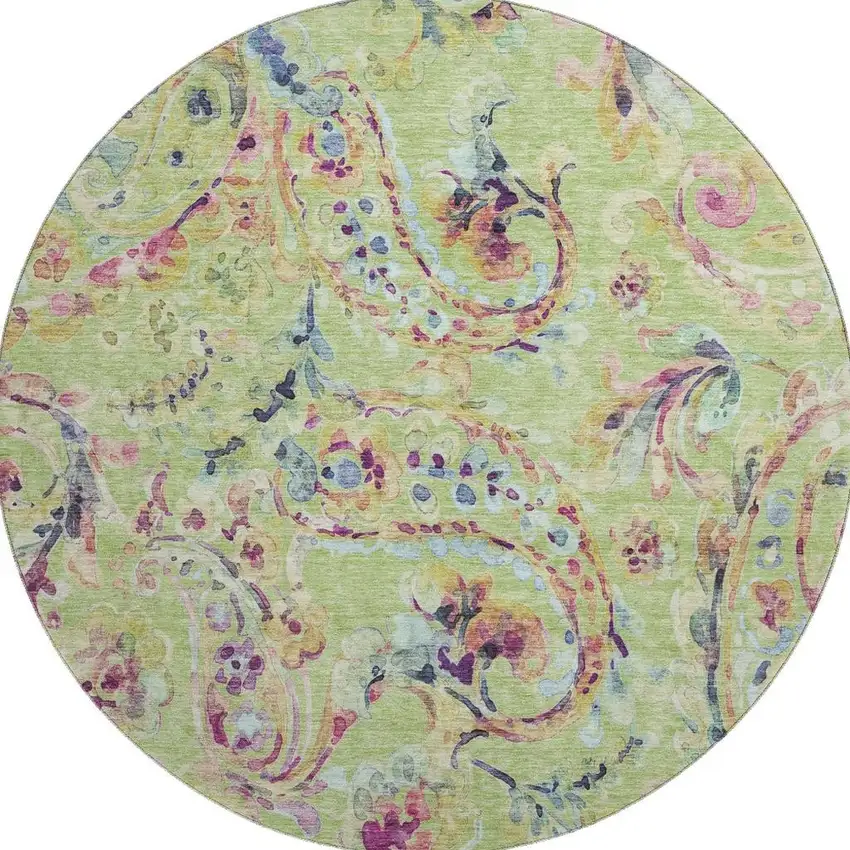 8' Artichoke Green Blue And Pink Paisley Washable Round Rug With UV Protection Photo 4
