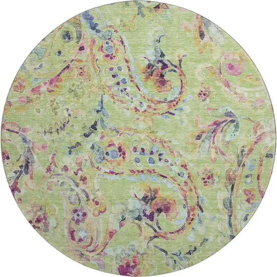 8' Artichoke Green Blue And Pink Paisley Washable Round Rug With UV Protection Photo 1