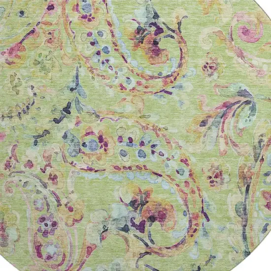 8' Artichoke Green Blue And Pink Paisley Washable Round Rug With UV Protection Photo 3
