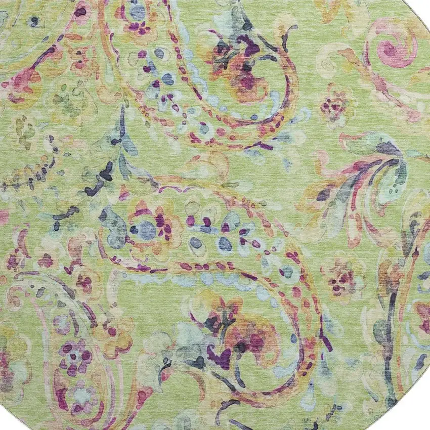 8' Artichoke Green Blue And Pink Paisley Washable Round Rug With UV Protection Photo 3