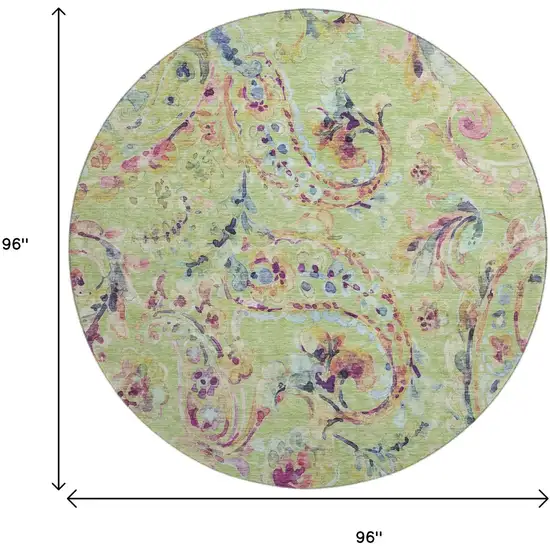 8' Artichoke Green Blue And Pink Paisley Washable Round Rug With UV Protection Photo 3