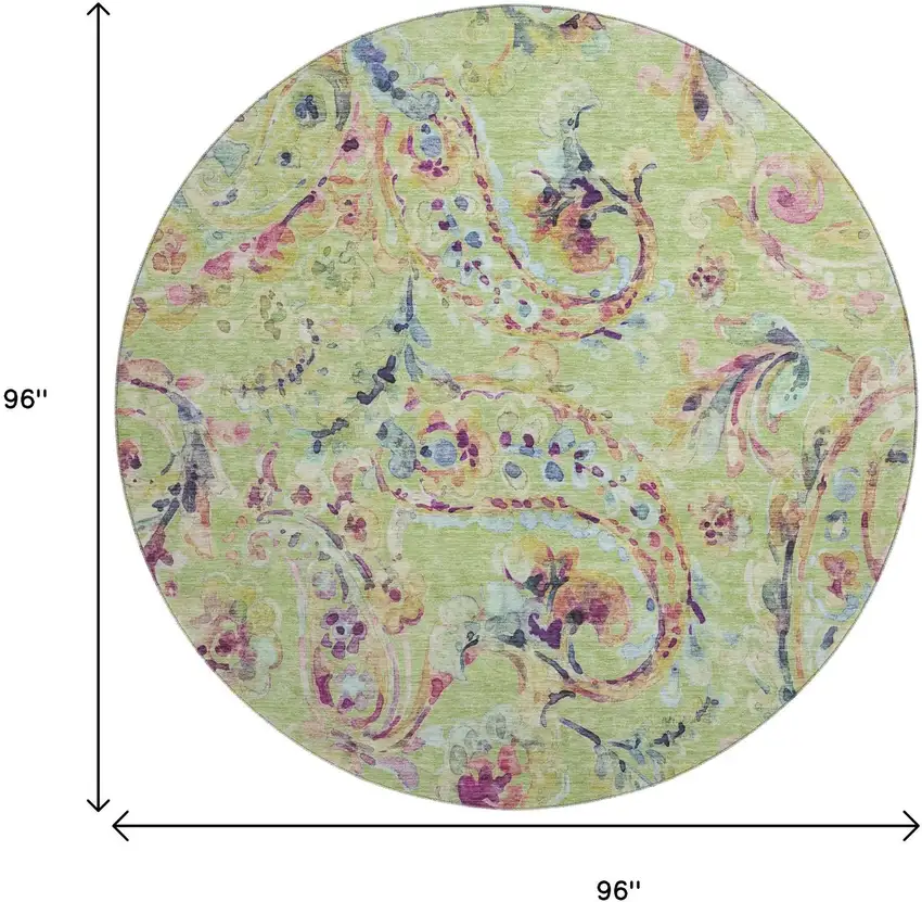 8' Artichoke Green Blue And Pink Paisley Washable Round Rug With UV Protection Photo 3