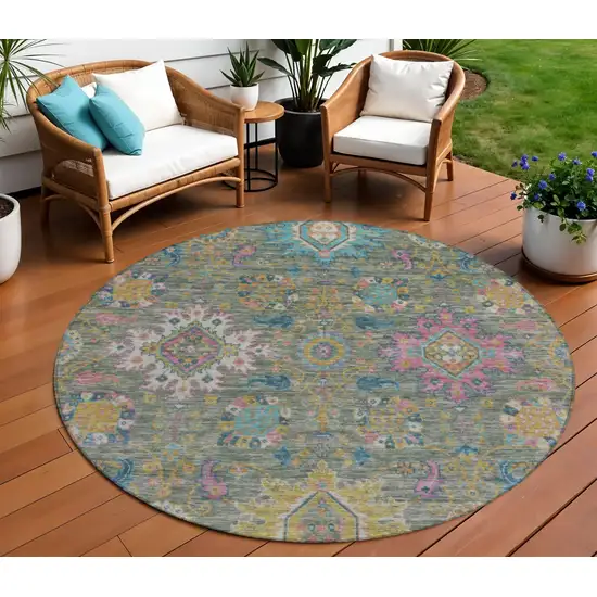 8' Artichoke Green Blush And Gold Round Medallion Washable Indoor Outdoor Area Rug Photo 2