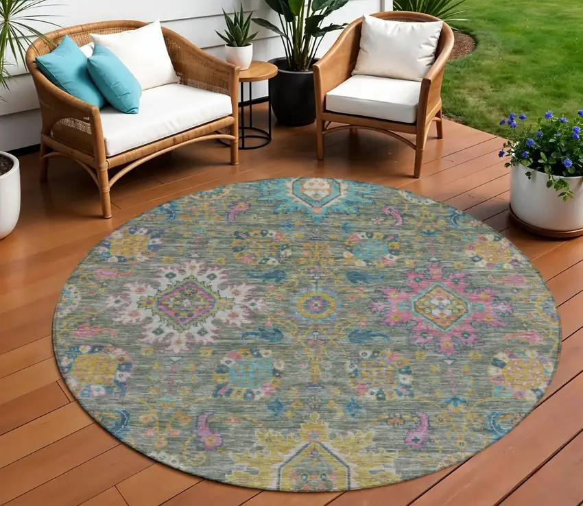 8' Artichoke Green Blush And Gold Round Medallion Washable Indoor Outdoor Area Rug Photo 2