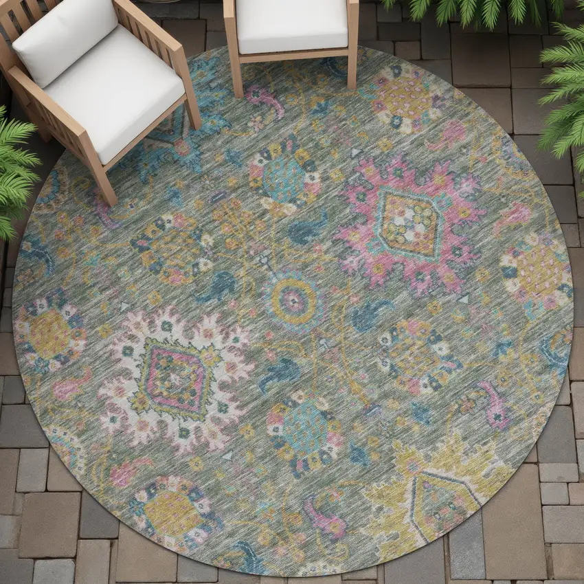 8' Artichoke Green Blush And Gold Round Medallion Washable Indoor Outdoor Area Rug Photo 7