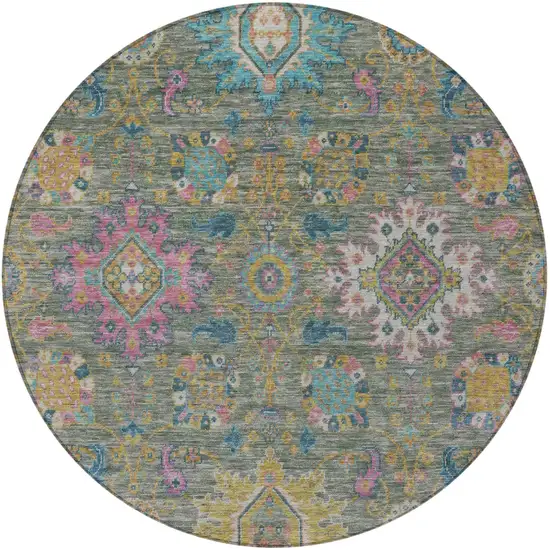 8' Artichoke Green Blush And Gold Round Medallion Washable Indoor Outdoor Area Rug Photo 3